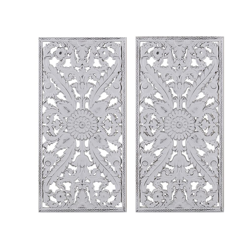 White Botanical-Design Carved Wood Panel Home Décor (Set of 2 Panels)