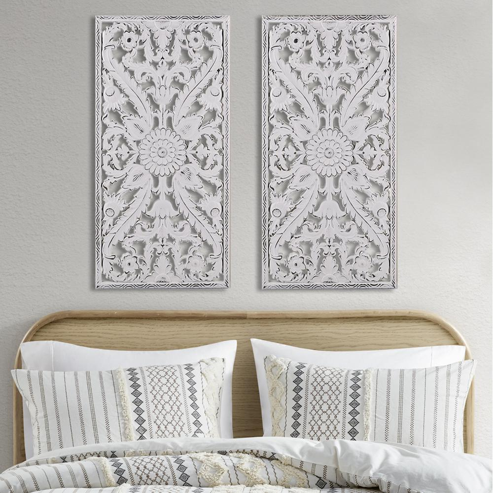 White Botanical-Design Carved Wood Panel Home Décor (Set of 2 Panels)