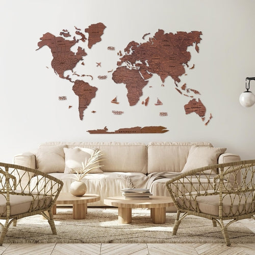 Wooden World Map Wall Art Home Décor (Oak)