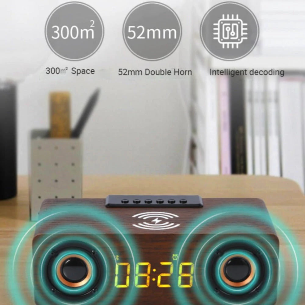 Wooden Retro Bluetooth Speaker + Wireless Charger + Alarm Clock + Radio