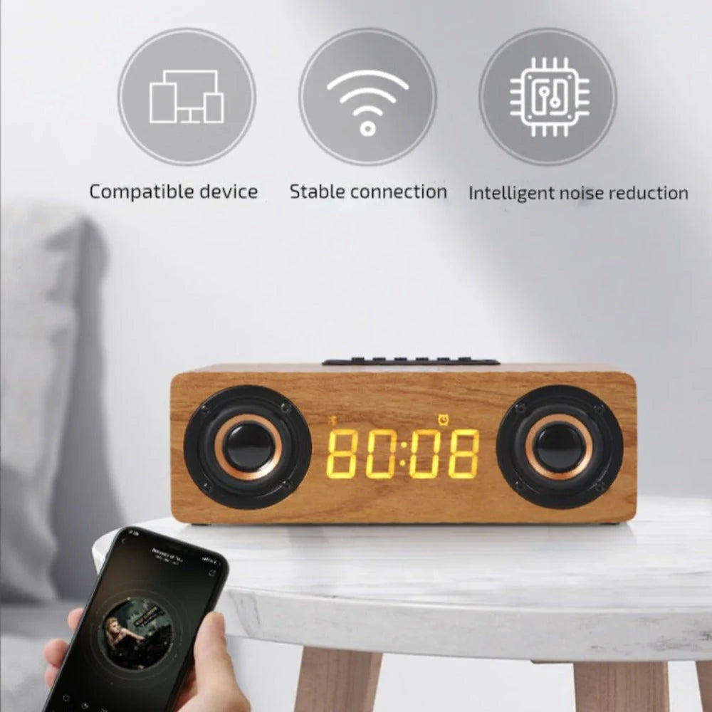 Wooden Retro Bluetooth Speaker + Wireless Charger + Alarm Clock + Radio