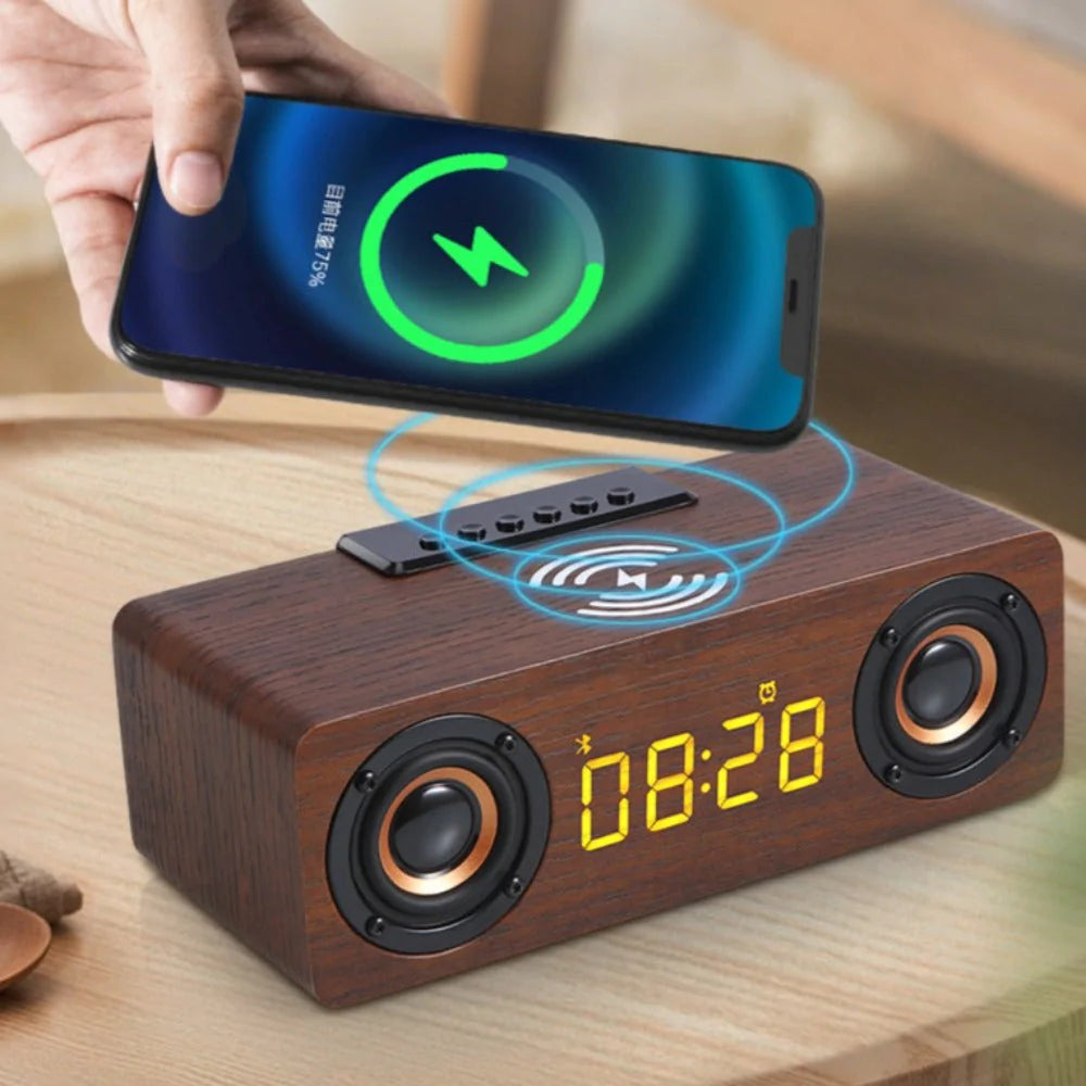 Wooden Retro Bluetooth Speaker + Wireless Charger + Alarm Clock + Radio