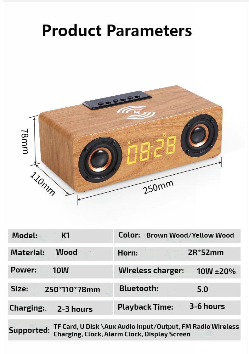 Wooden Retro Bluetooth Speaker + Wireless Charger + Alarm Clock + Radio
