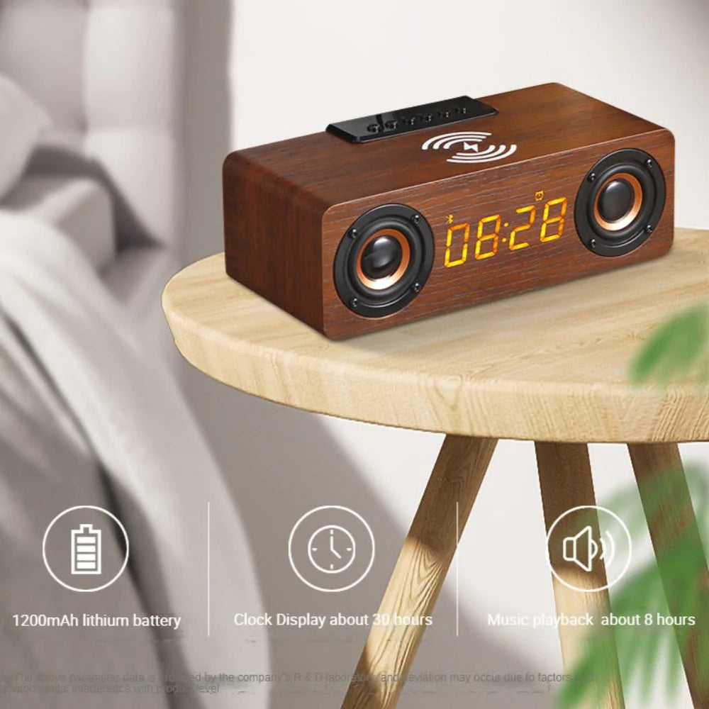 Wooden Retro Bluetooth Speaker + Wireless Charger + Alarm Clock + Radio
