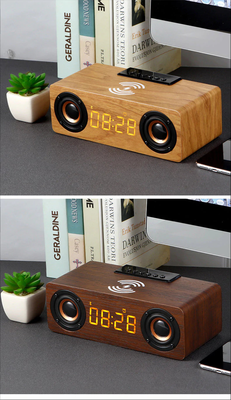 Wooden Retro Bluetooth Speaker + Wireless Charger + Alarm Clock + Radio
