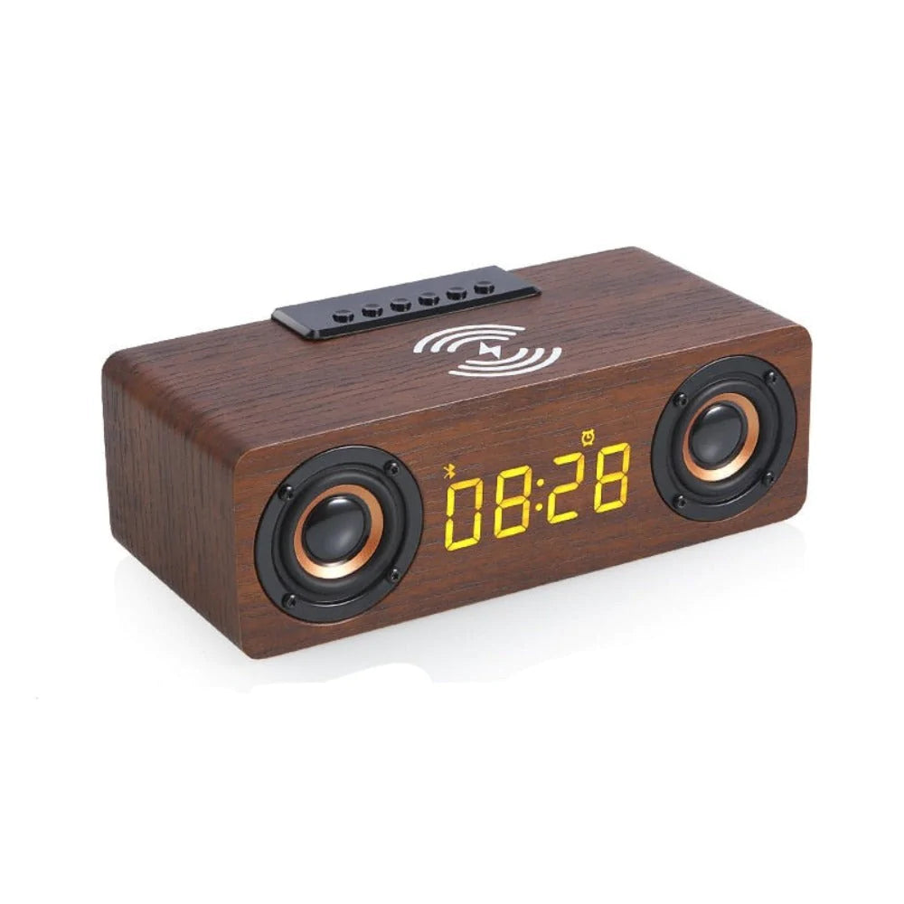 Wooden Retro Bluetooth Speaker + Wireless Charger + Alarm Clock + Radio