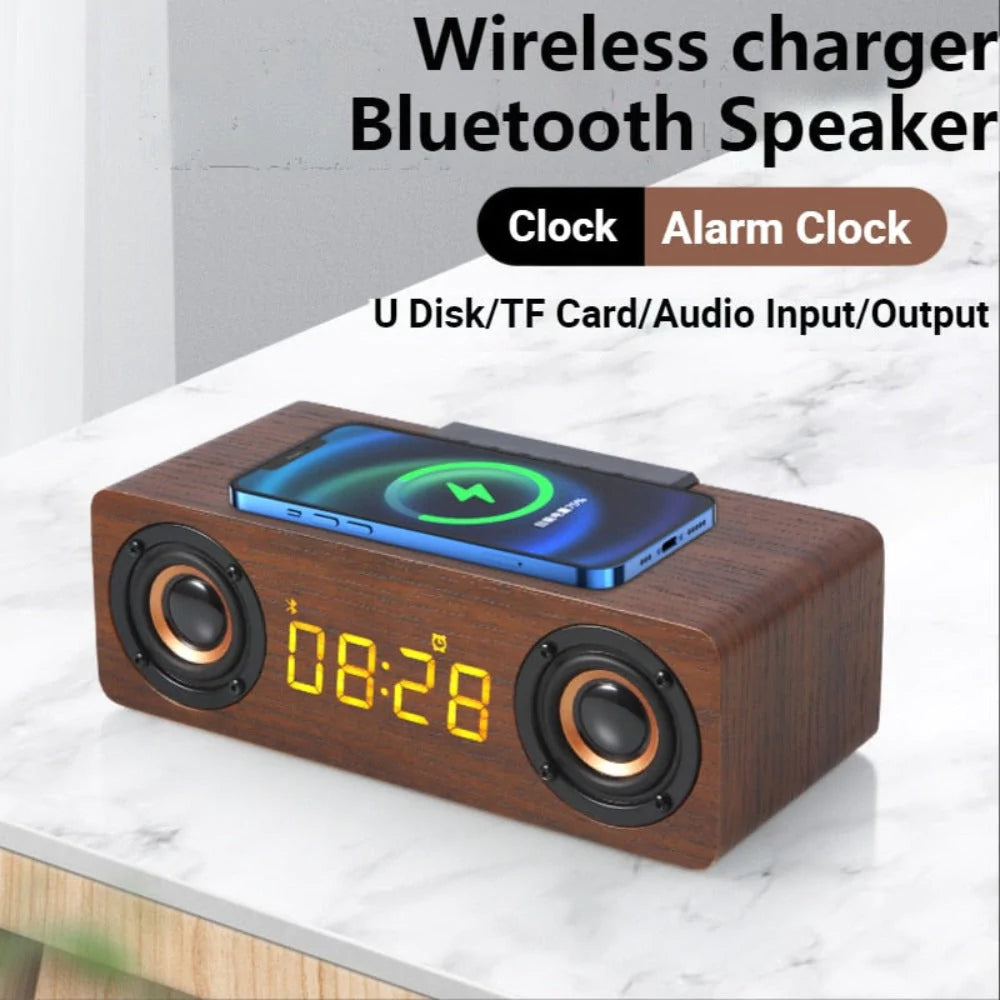 Wooden Retro Bluetooth Speaker + Wireless Charger + Alarm Clock + Radio