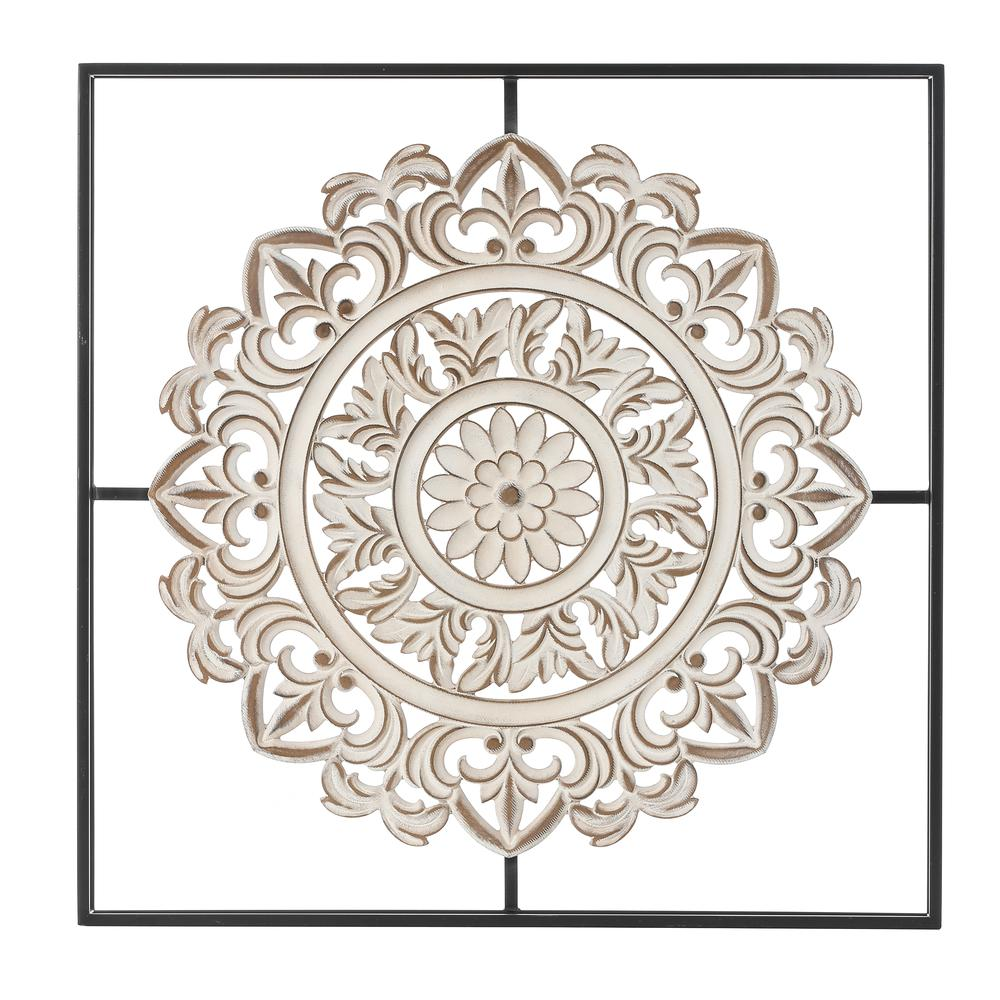 Distressed White Wooden Floral Design in Iron Square Home Décor