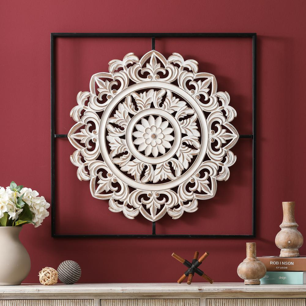 Distressed White Wooden Floral Design in Iron Square Home Décor