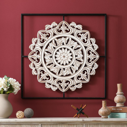 Distressed White Wooden Floral Design in Iron Square Home Décor