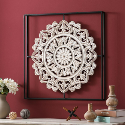 Distressed White Wooden Floral Design in Iron Square Home Décor