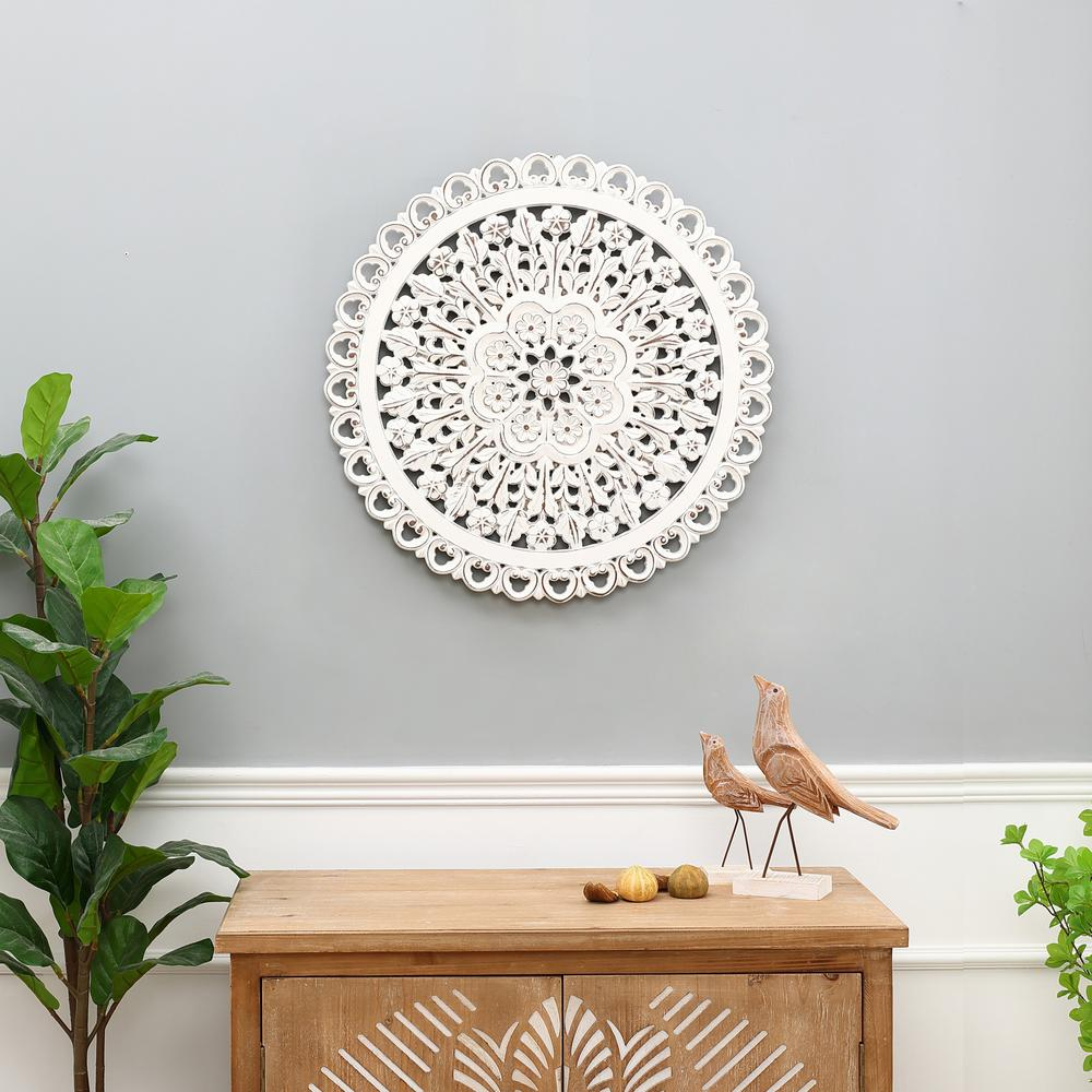 Floral Pattern White Wooden Carved Wall Art Home Décor