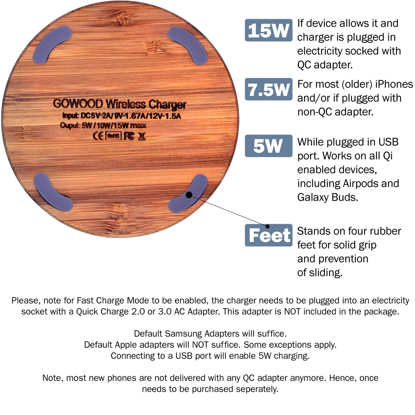 15W Fast Wireless Charger (Bamboo Wood)