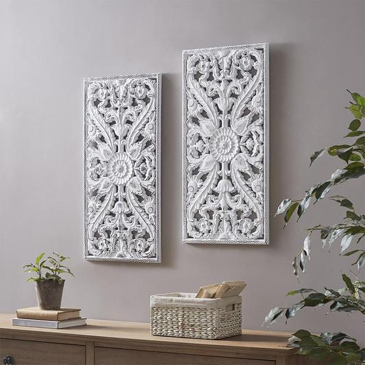 White Botanical-Design Carved Wood Panel Home Décor (Set of 2 Panels)