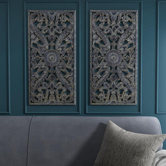 Antique Silver and Blue Carved Panel Set Home Décor (Set of 2 Panels)