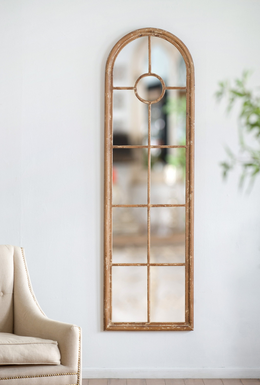 Half-Round Elongated Mirror with Decorative Window Look