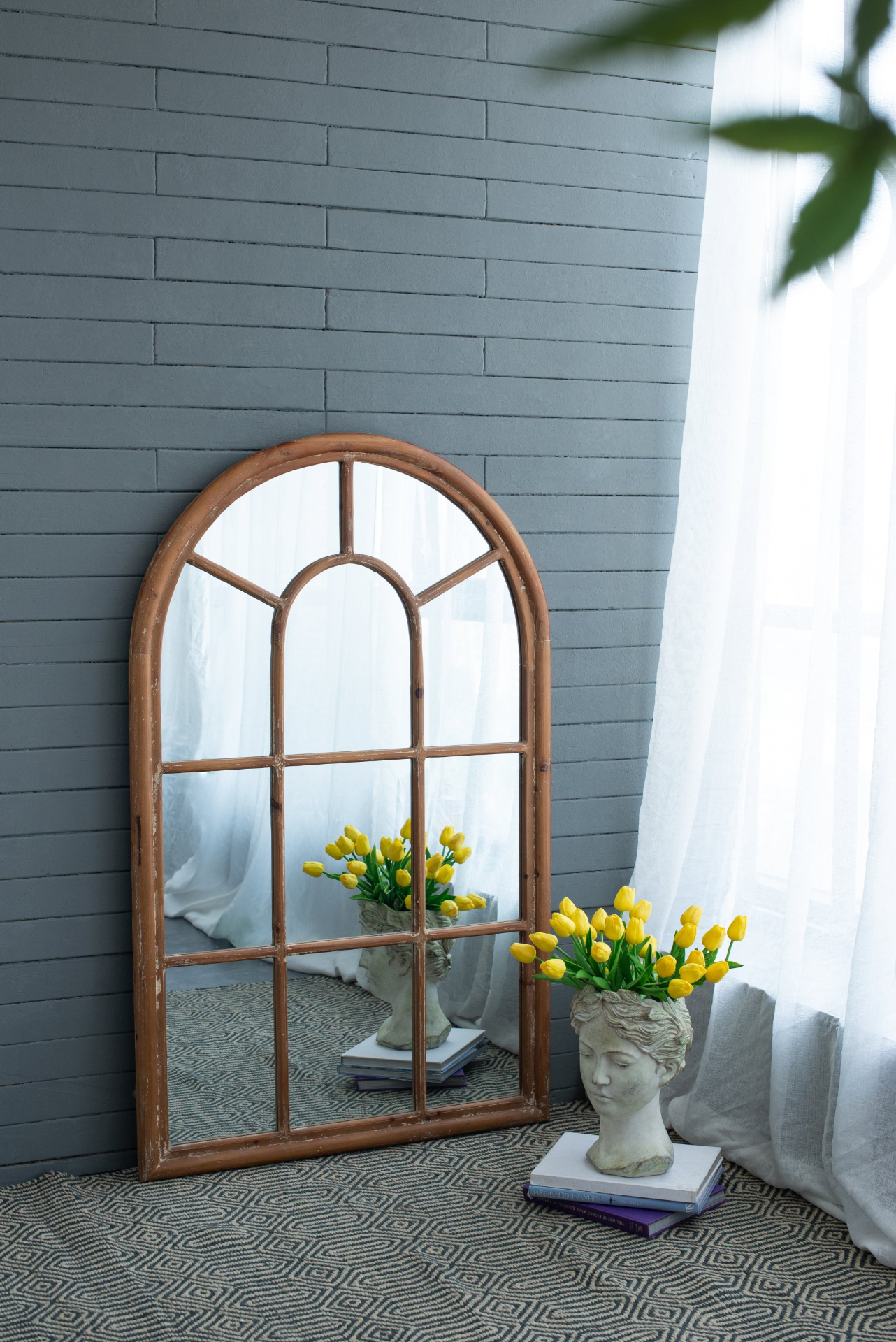 Large Arched Accent Mirror in Wooden Frame