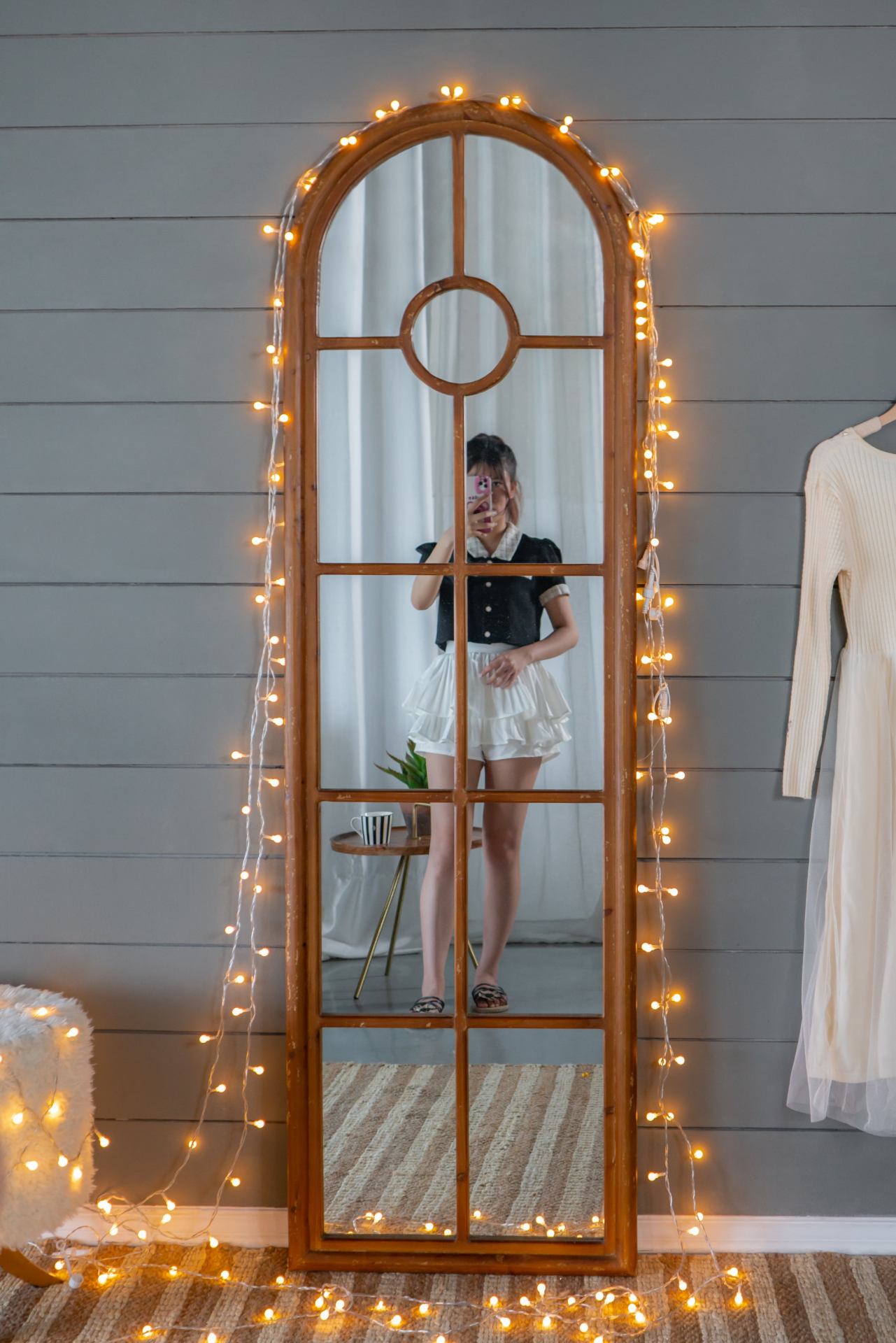 Half-Round Elongated Mirror with Decorative Window Look