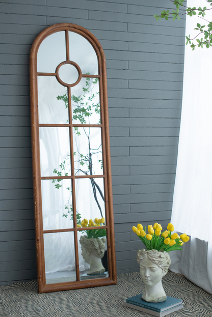 Half-Round Elongated Mirror with Decorative Window Look