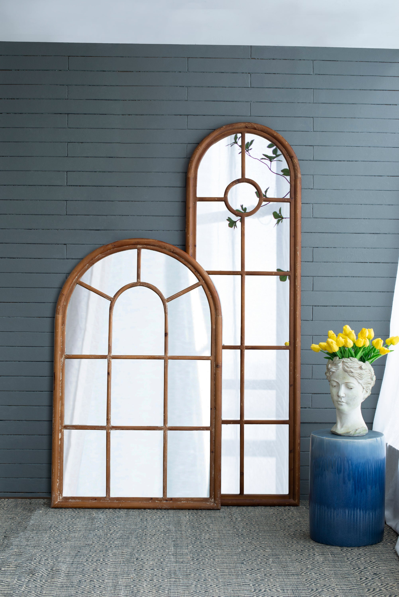 Half-Round Elongated Mirror with Decorative Window Look