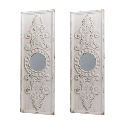 Wooden Panels in Distressed White Finish and Round Mirror Accents (Set of 2)