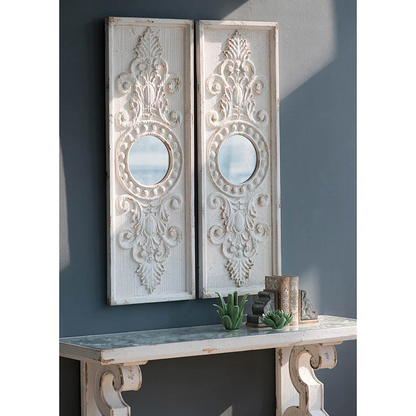 Wooden Panels in Distressed White Finish and Round Mirror Accents (Set of 2)