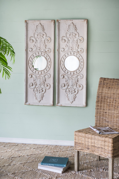 Wooden Panels in Distressed White Finish and Round Mirror Accents (Set of 2)