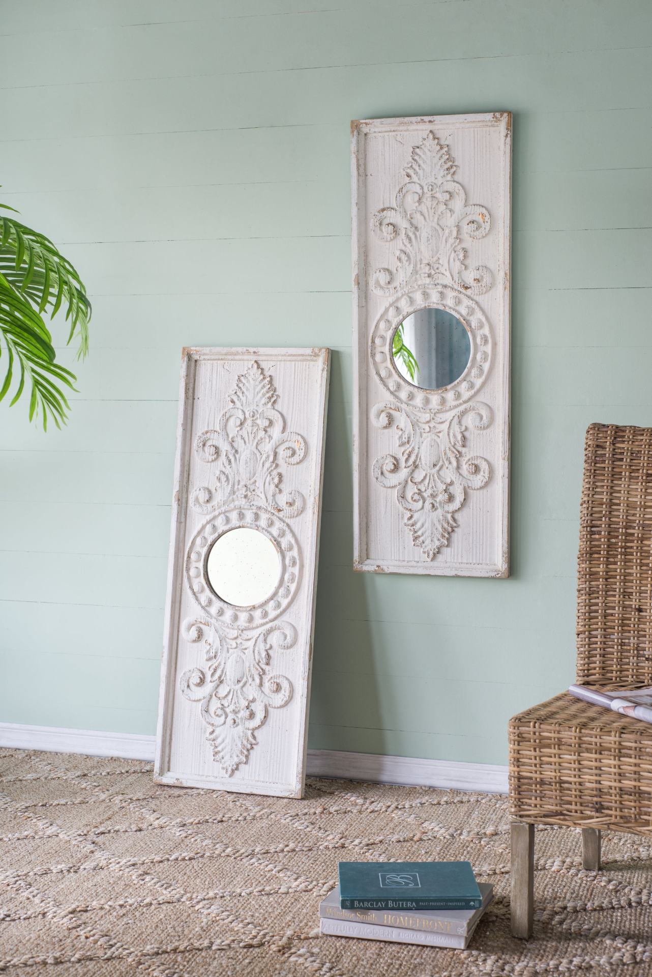 Wooden Panels in Distressed White Finish and Round Mirror Accents (Set of 2)