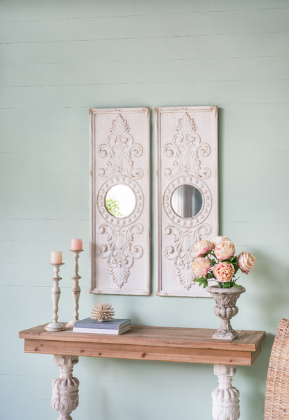 Wooden Panels in Distressed White Finish and Round Mirror Accents (Set of 2)