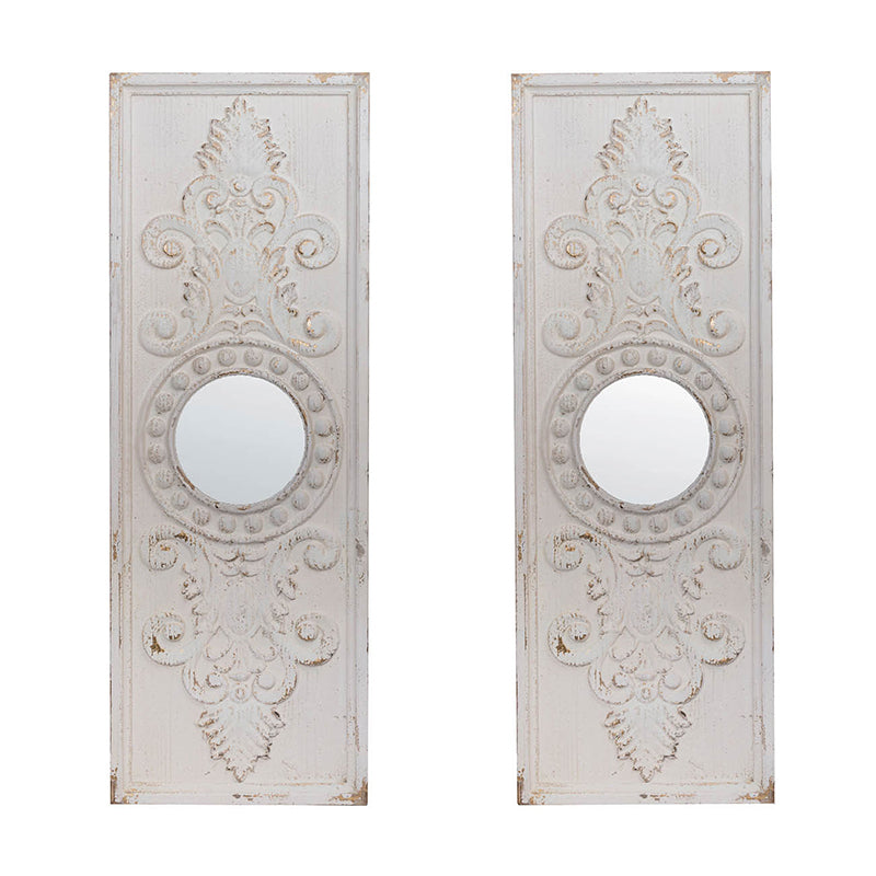 Wooden Panels in Distressed White Finish and Round Mirror Accents (Set of 2)