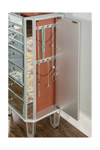 Silver Wood Mirrored-Finish Jewelry Armoire