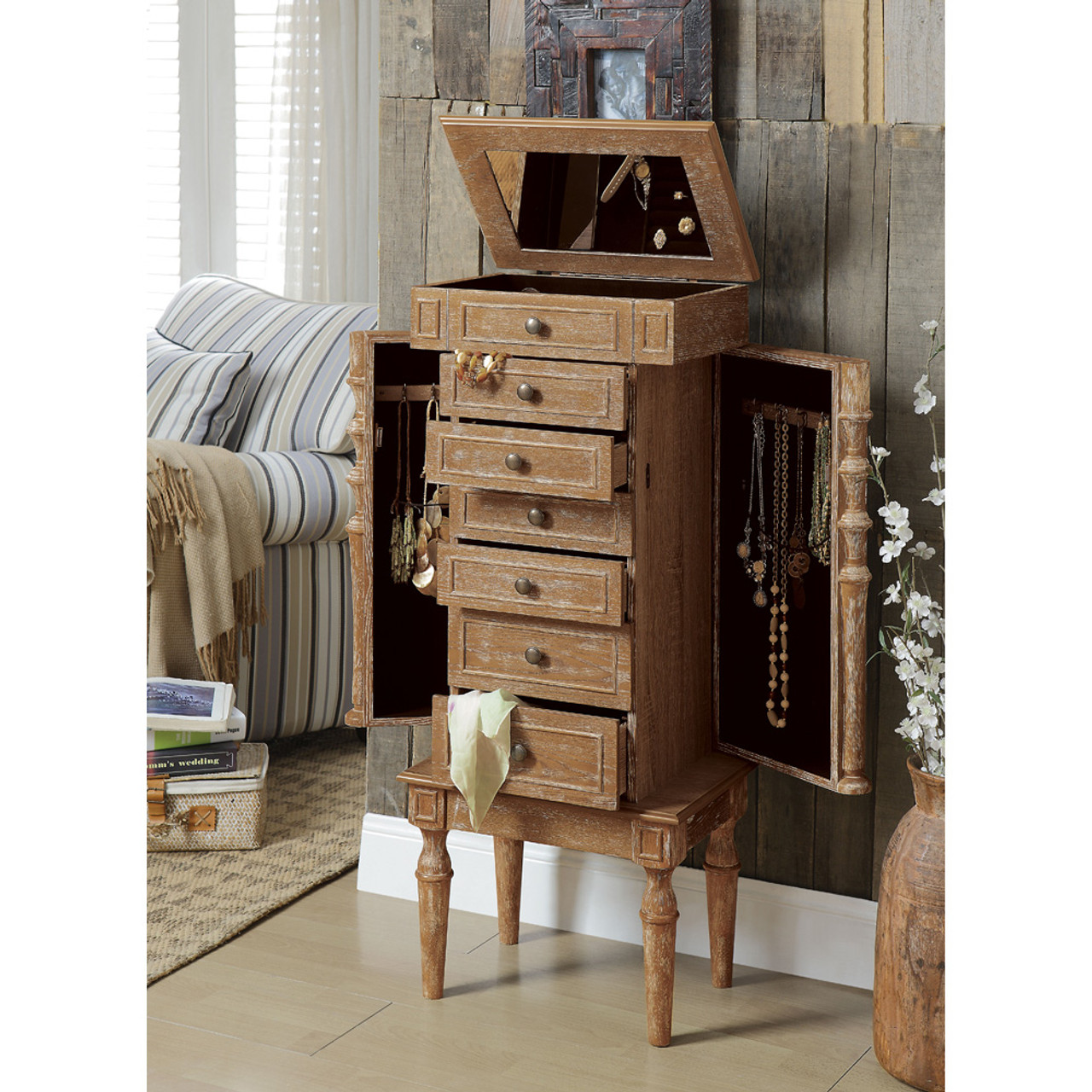 Weathered Oak-Finish Jewelry Armoire