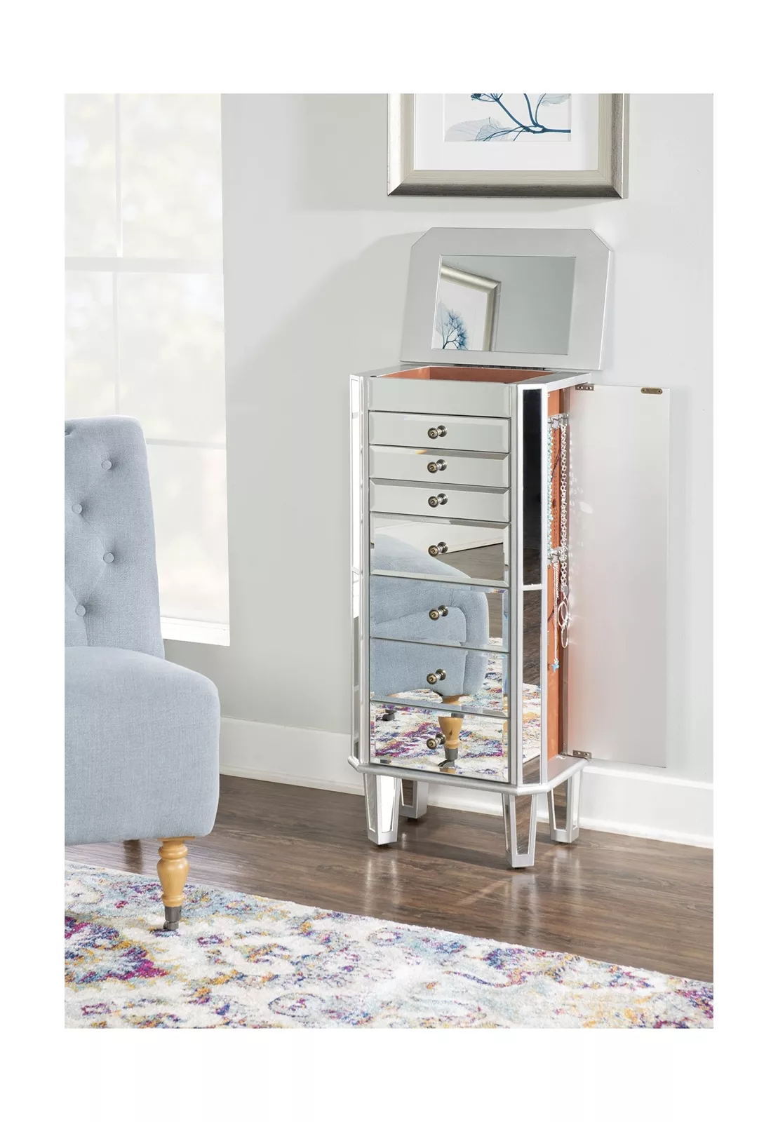 Silver Wood Mirrored-Finish Jewelry Armoire