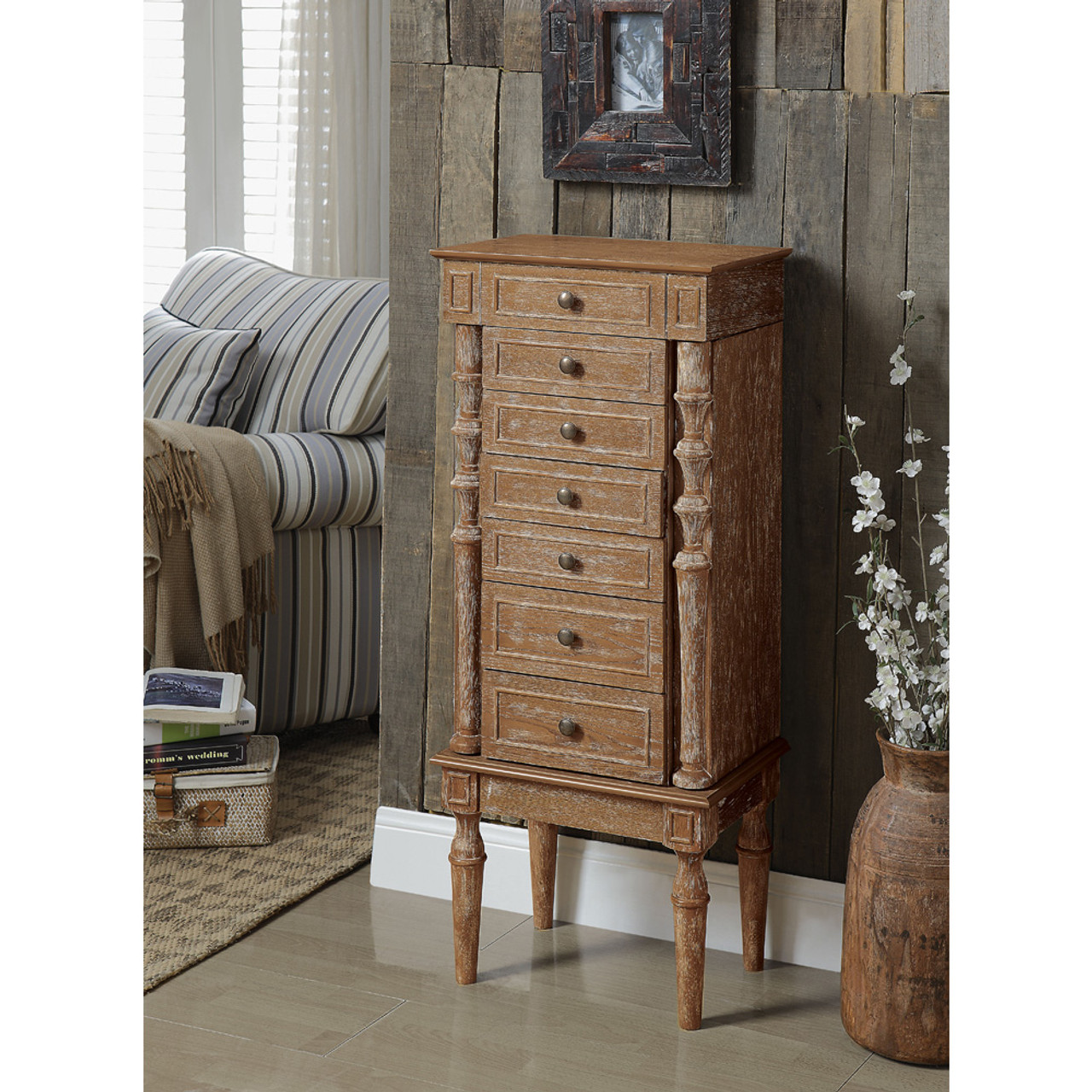 Weathered Oak-Finish Jewelry Armoire