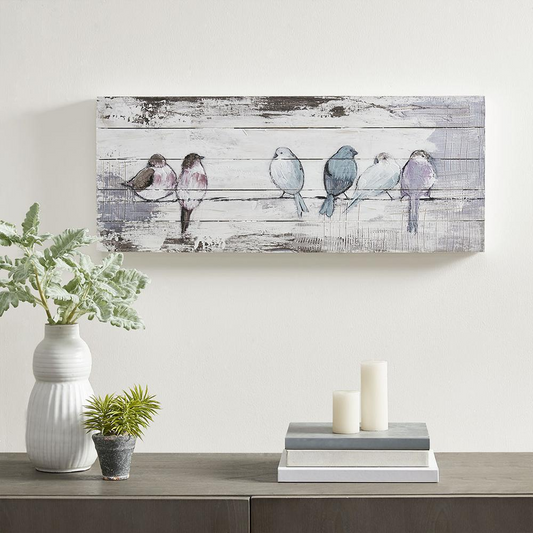 Hand Painted "Perched Birds" Wooden Plank Wall Art Home Décor