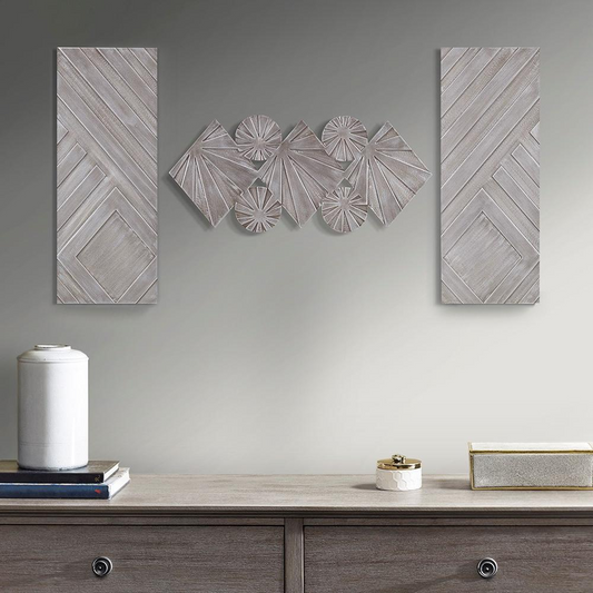 Antique Metallic Grey Carved Wooden Wall Home Décor (Set of 3 Panels)