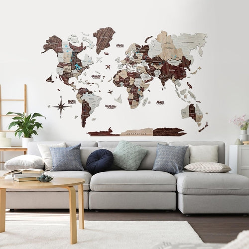 3D Wooden World Map Wall Art Home Décor (Cappuccino)