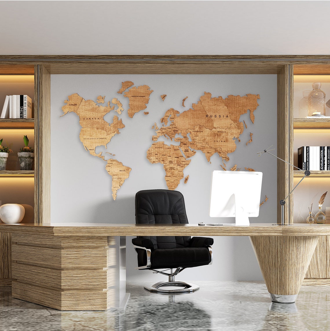 Wooden World Map Wall Art Home Décor (Natural)