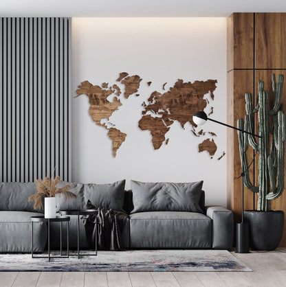 Wooden World Map Rustic Wall Art Home Décor (Walnut)