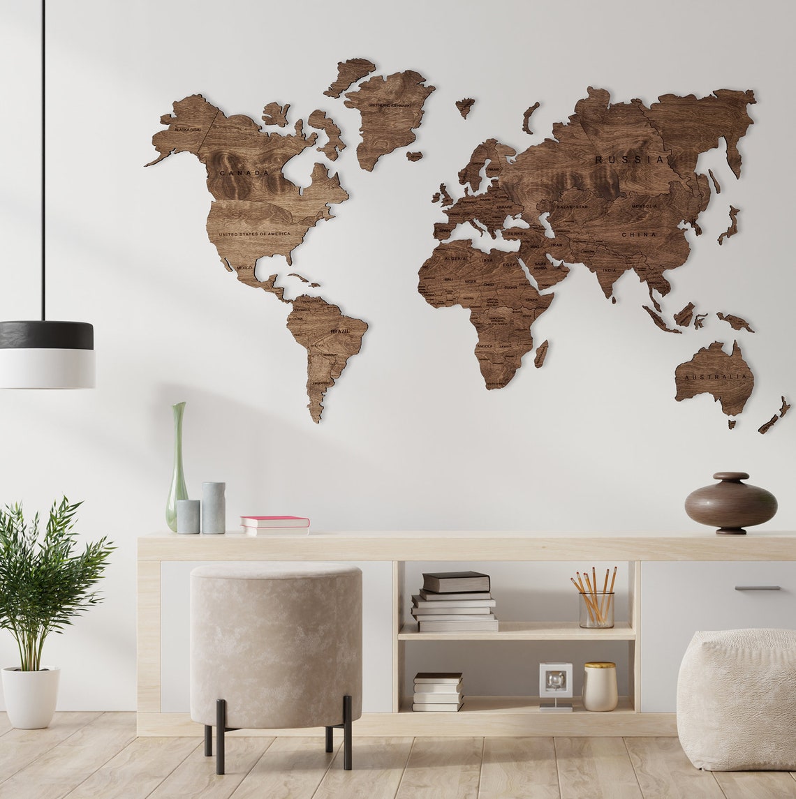 Wooden World Map Rustic Wall Art Home Décor (Walnut)