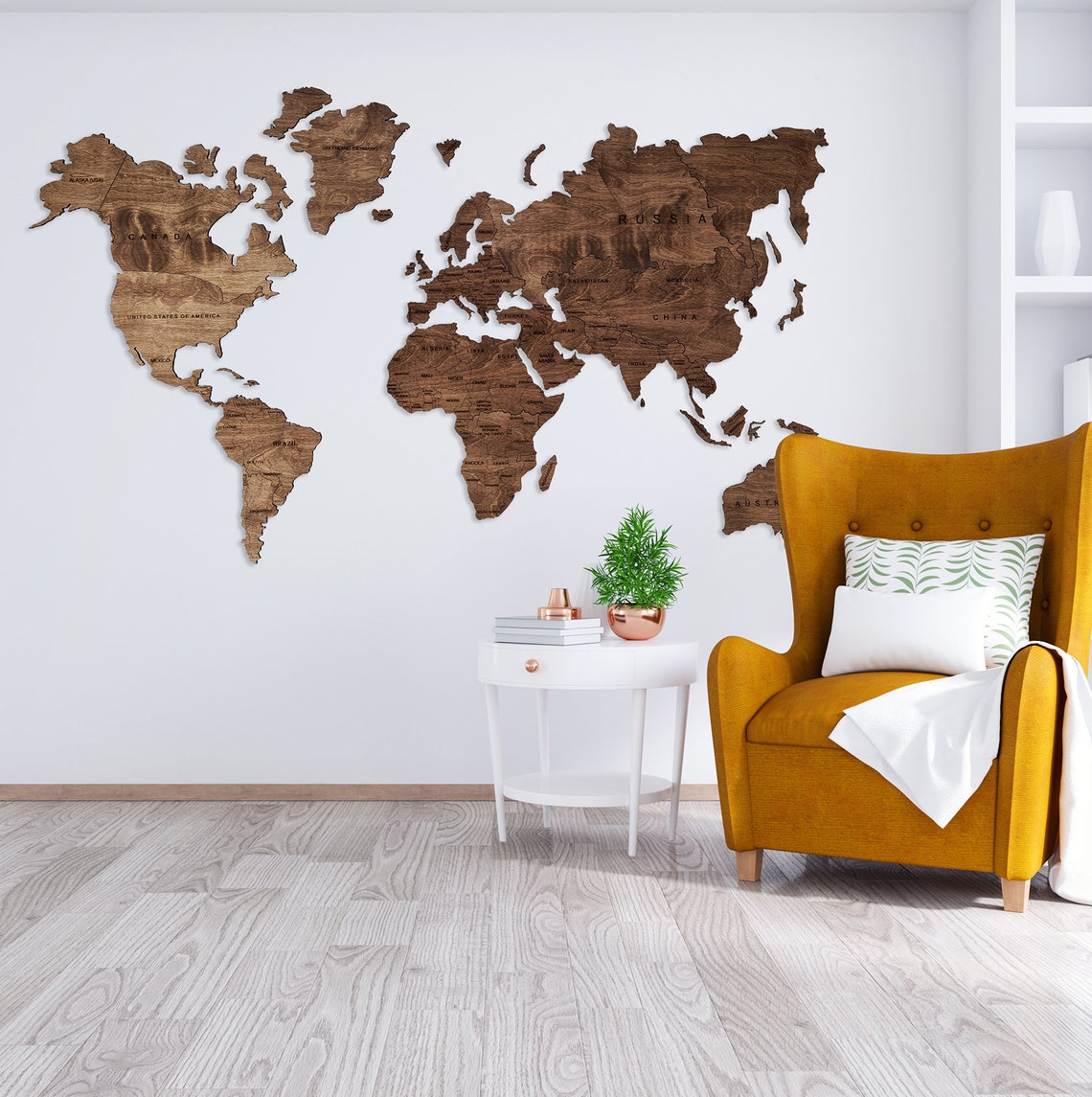 Wooden World Map Rustic Wall Art Home Décor (Walnut)