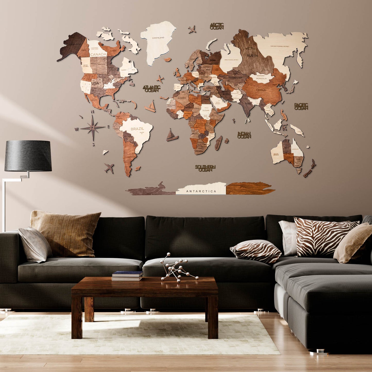 3D Wooden World Map Wall Art Home Décor (Multicolor)