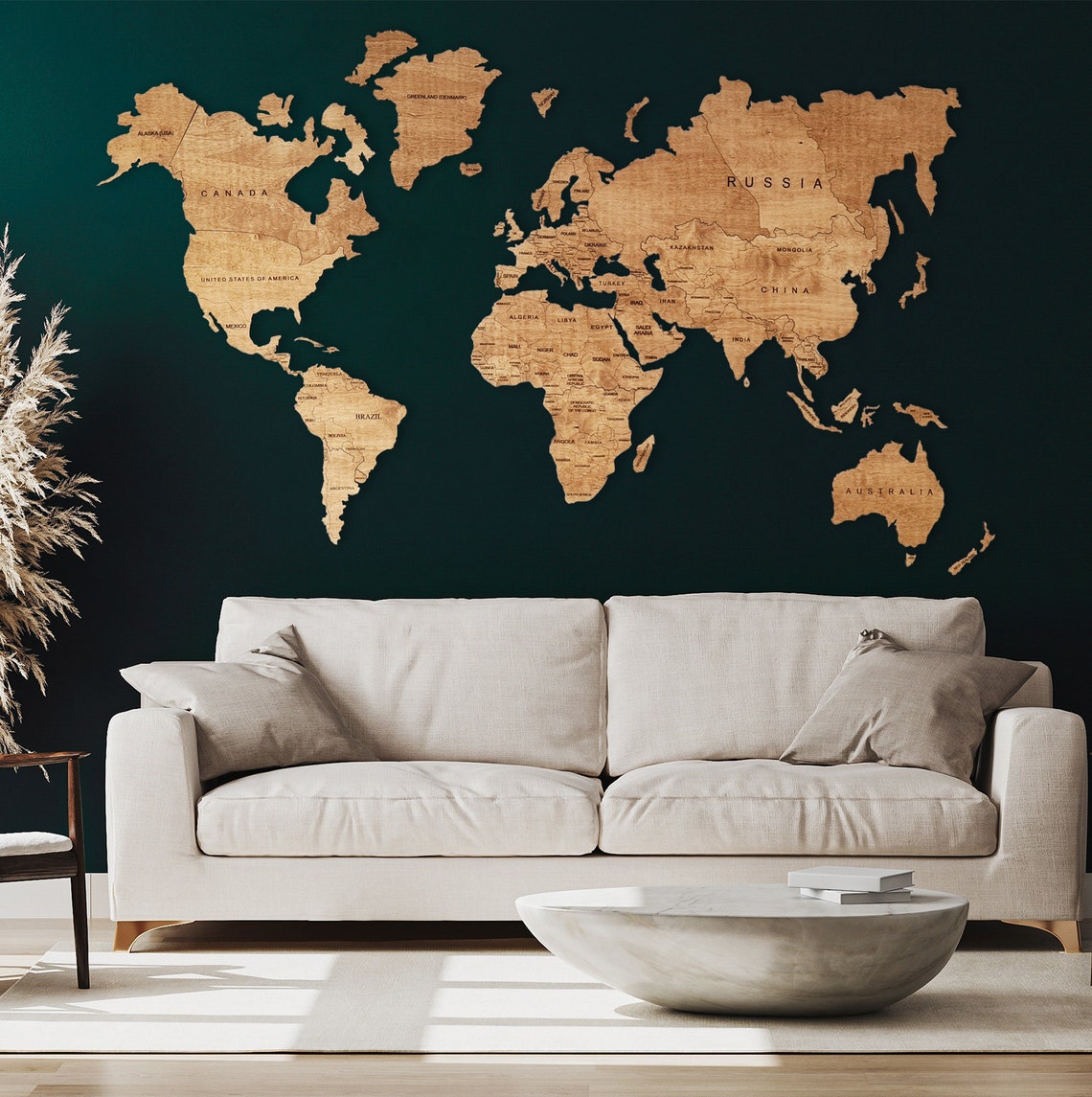 Wooden World Map Wall Art Home Décor (Natural)