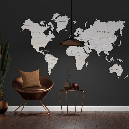 Wooden World Map Rustic Wall Art Home Décor (White)