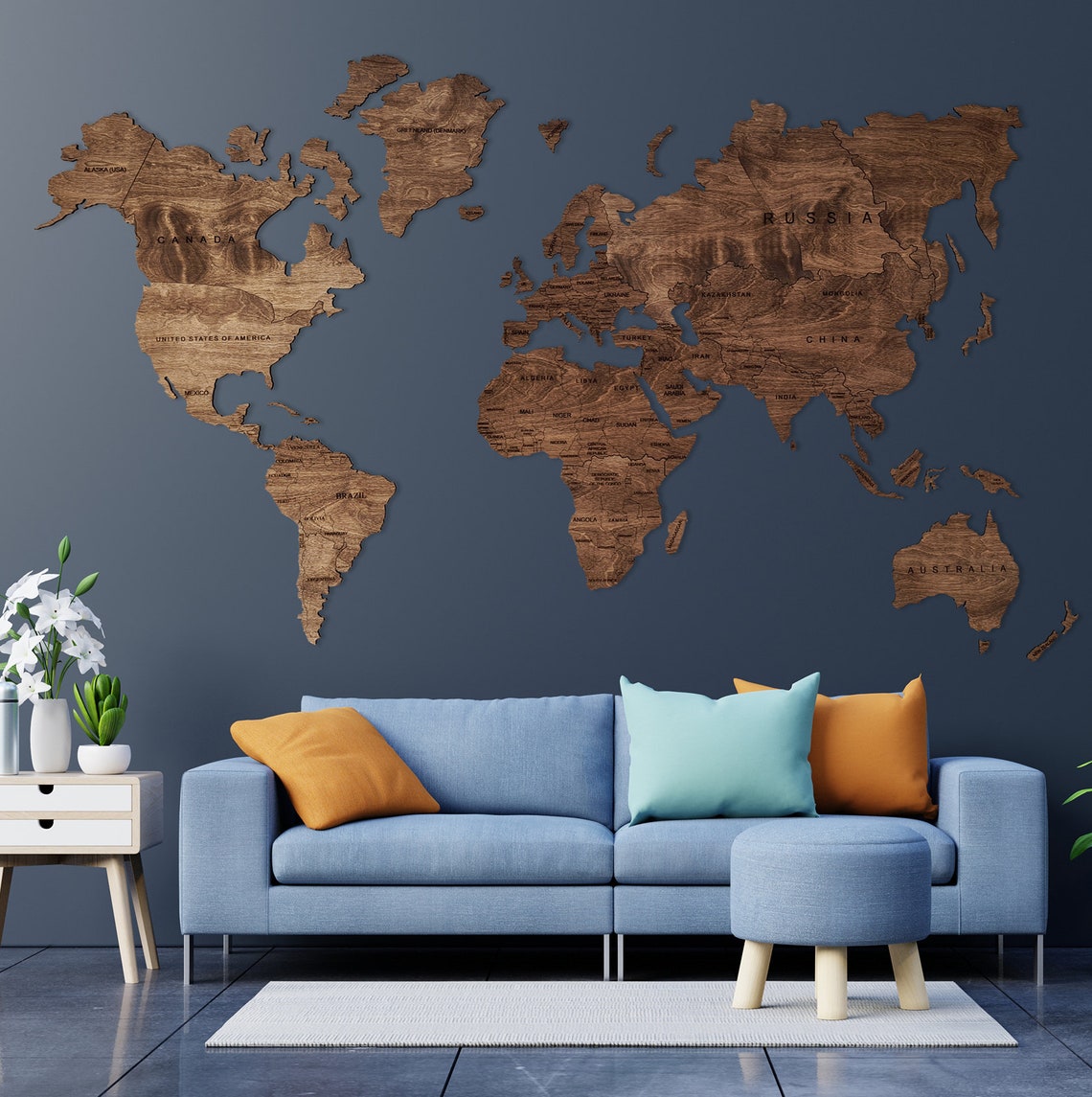 Wooden World Map Rustic Wall Art Home Décor (Walnut)