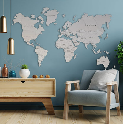 Wooden World Map Rustic Wall Art Home Décor (White)