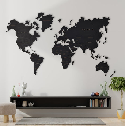 Wooden World Map Rustic Wall Art Home Décor (Black)