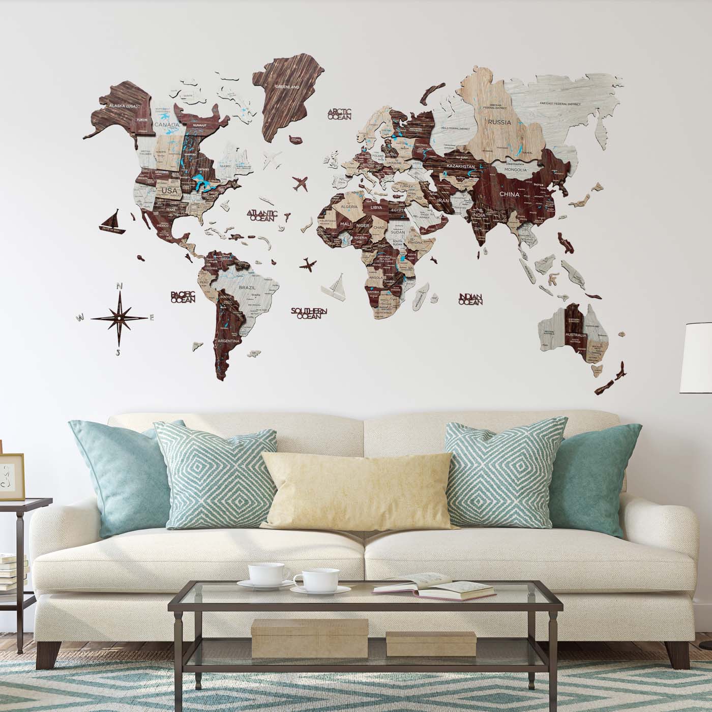 3D Wooden World Map Wall Art Home Décor (Cappuccino)