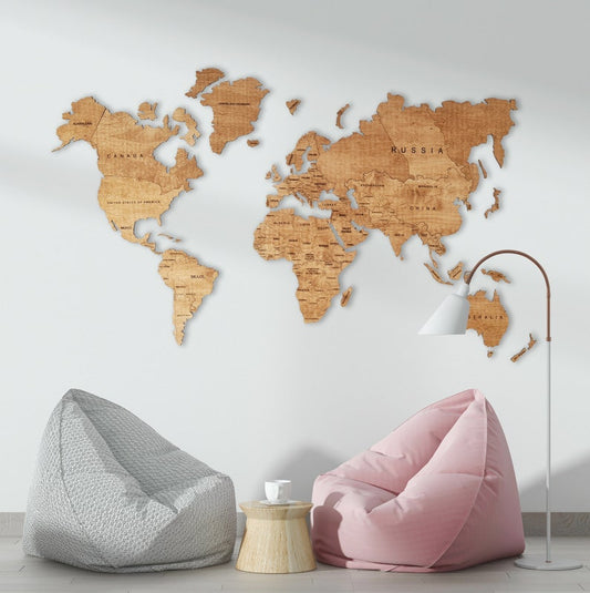 Wooden World Map Wall Art Home Décor (Natural)