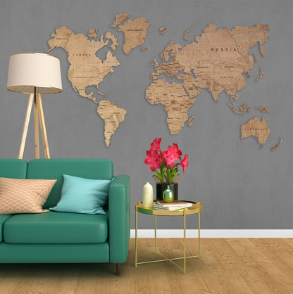 Wooden World Map Rustic Wall Art Home Décor (Natural Rustic)